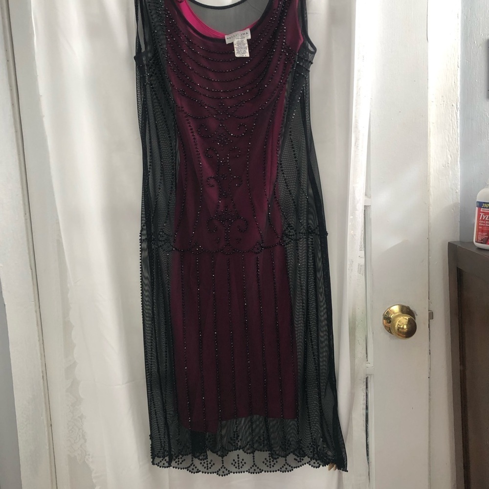 Vintage Size 8 Bellissima Fashions pink sheath dress with black sheer fabric